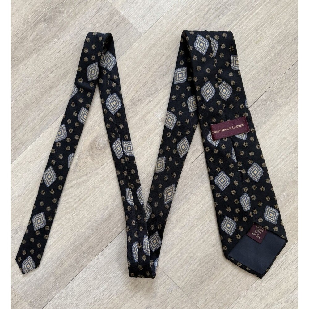 Vintage Chaps Ralph Lauren Men Silk Geometric Tie Black Blue Gold Pointed Woven